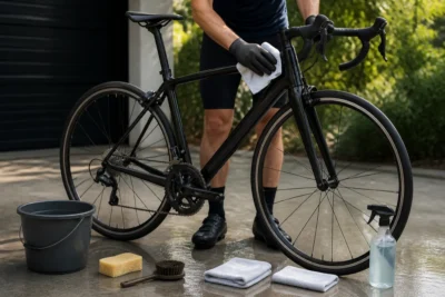 Entretien vélo carbone : cycliste ganté essuyant délicatement le cadre avec un chiffon doux après le nettoyage.