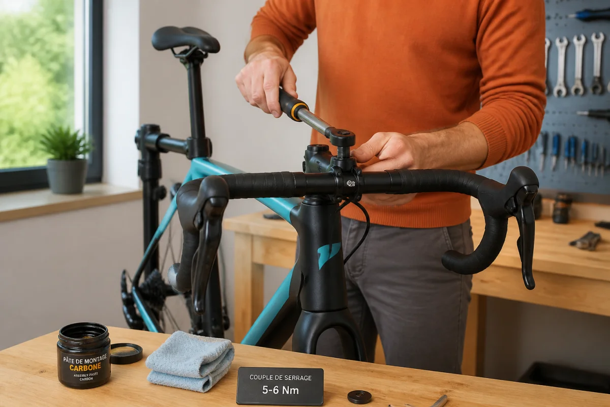 Entretien vélo carbone : réglage précis de la potence avec une clé dynamométrique dans un atelier domestique lumineux