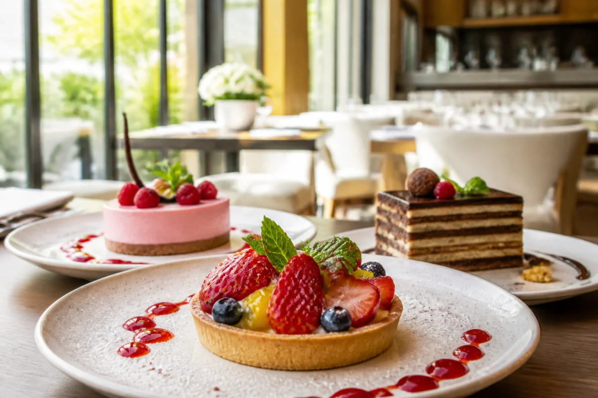 Desserts français faits maison chez Éphémère Bordeaux, entre tarte aux fruits, mousse crémeuse et pâtisserie raffinée.