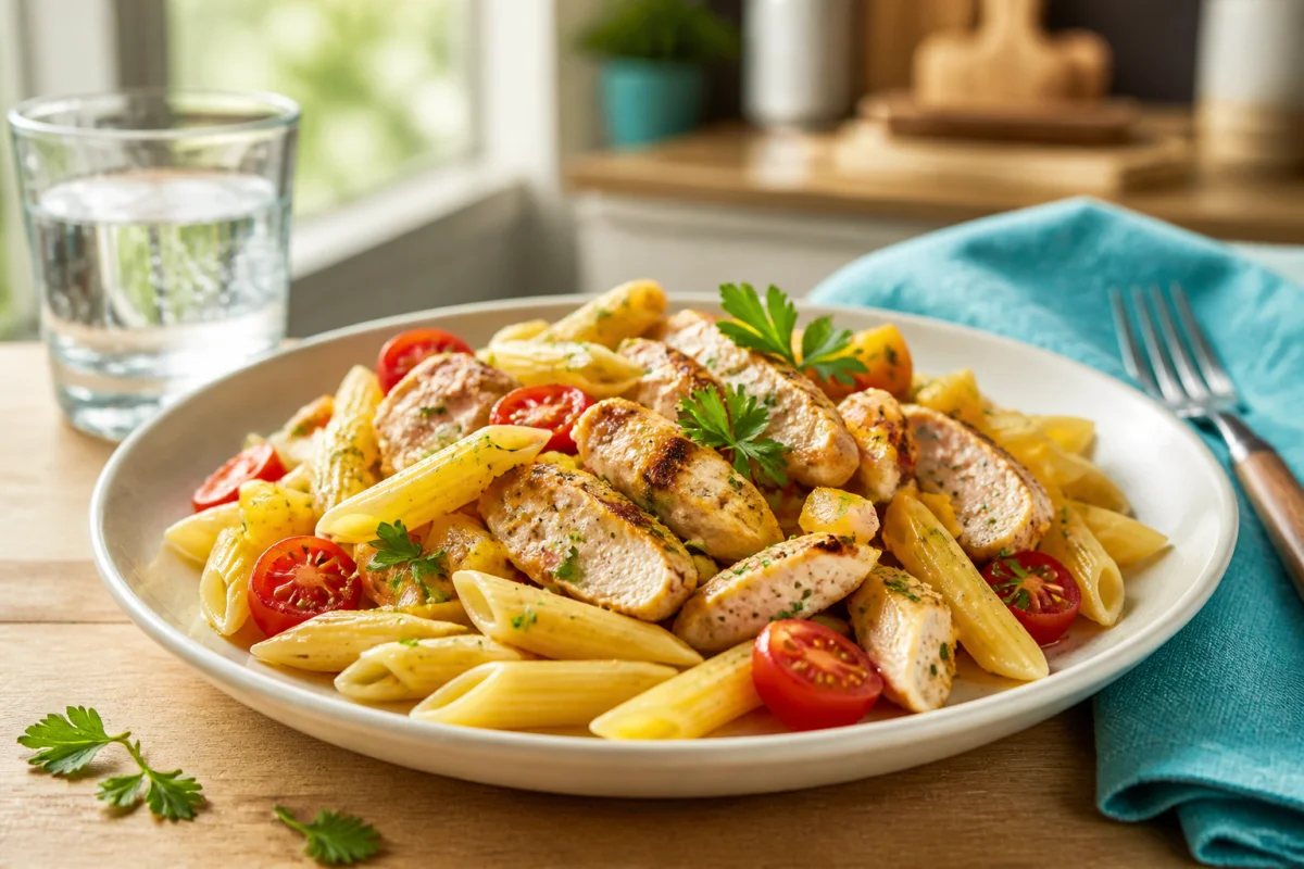 Idée de repas avant karting : assiette de pâtes au poulet grillé, légumes colorés et herbes fraîches