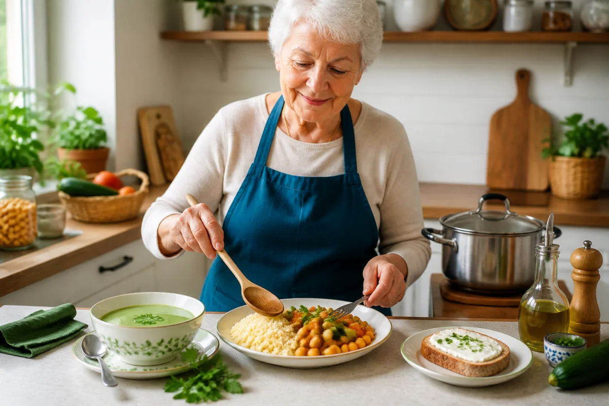Senior préparant des repas faciles et équilibrés : semoule, légumes fondants, pois chiches et soupe de courgettes.