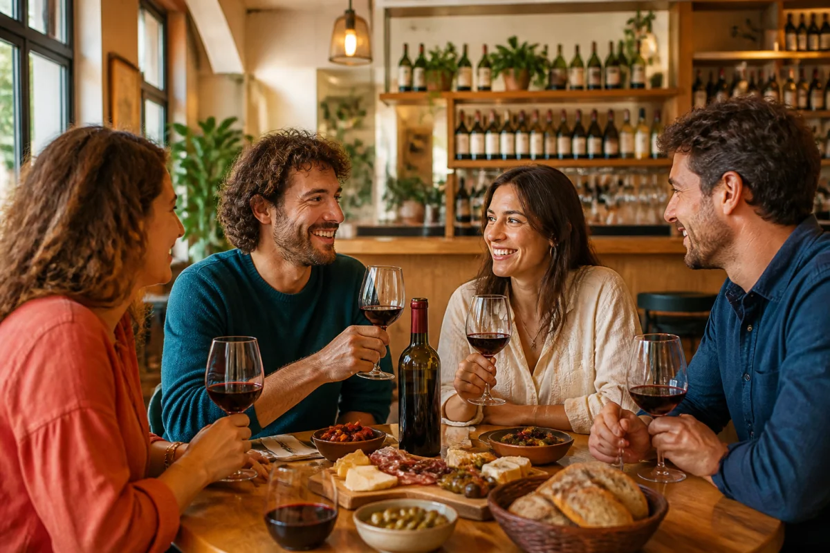 Le Bar Des Amis, groupe d’amis partageant du vin et une planche de fromages dans un bar convivial