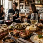 Le Bar Des Amis, table conviviale garnie de verres de vin, charcuteries, fromages et assiettes à partager