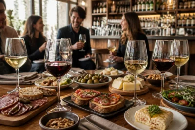 Le Bar Des Amis, table conviviale garnie de verres de vin, charcuteries, fromages et assiettes à partager