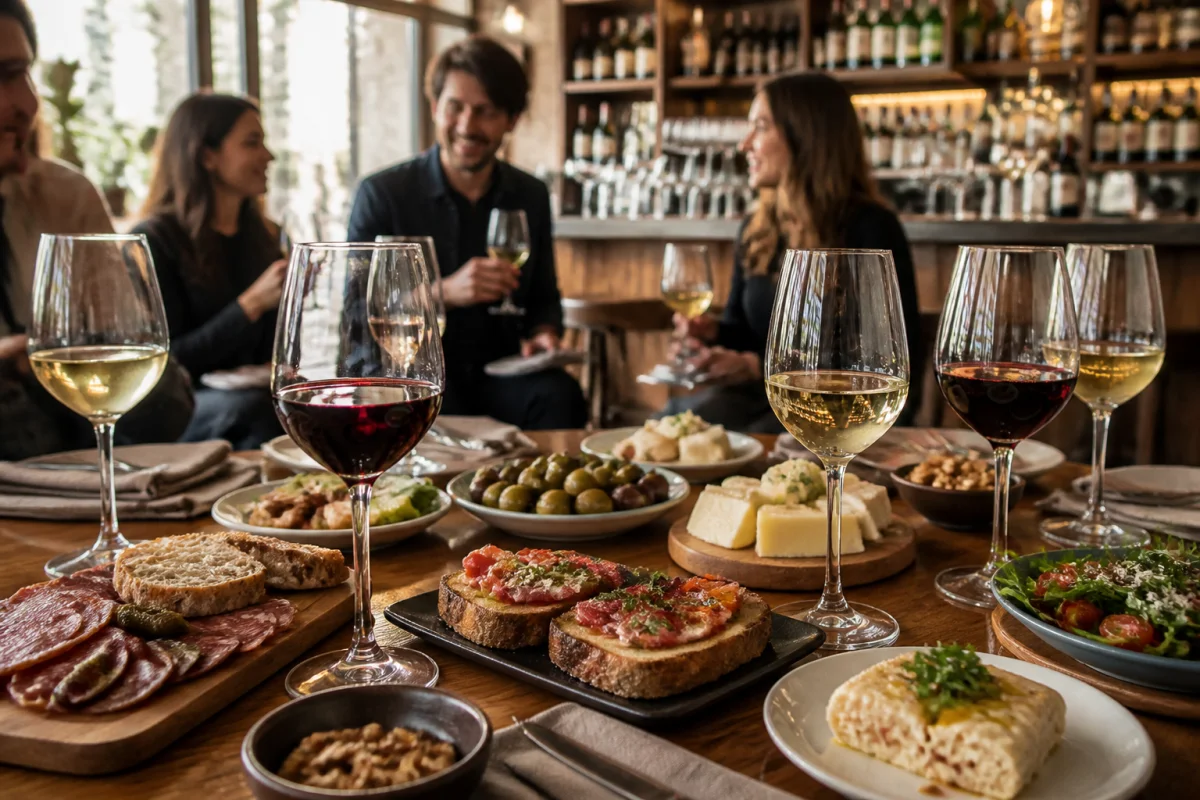 Le Bar Des Amis, table conviviale garnie de verres de vin, charcuteries, fromages et assiettes à partager