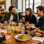 Le Spot Restaurant, table conviviale où des convives partagent une cuisine française faite maison et des boissons variées