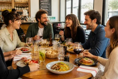 Le Spot Restaurant, table conviviale où des convives partagent une cuisine française faite maison et des boissons variées