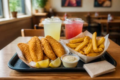 Le499 à Angoulême : plateau de poisson frit croustillant, frites maison et boissons fraîches au restaurant fast-food