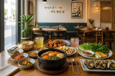 Leraslebol, restaurant lyonnais proposant une cuisine coréenne variée autour d’une table chaleureuse garnie de plats colorés