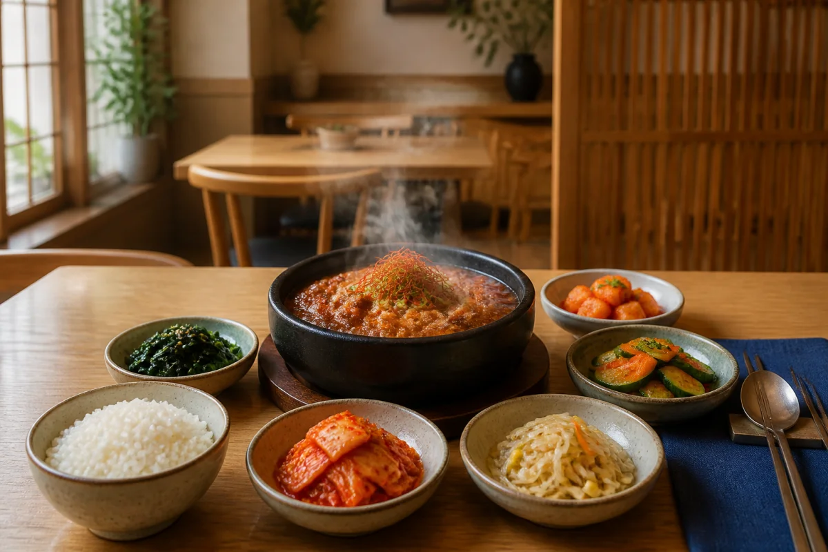 Table de cuisine coréenne authentique chez Leraslebol à Lyon, avec kimchi, riz, légumes marinés et plat fumant