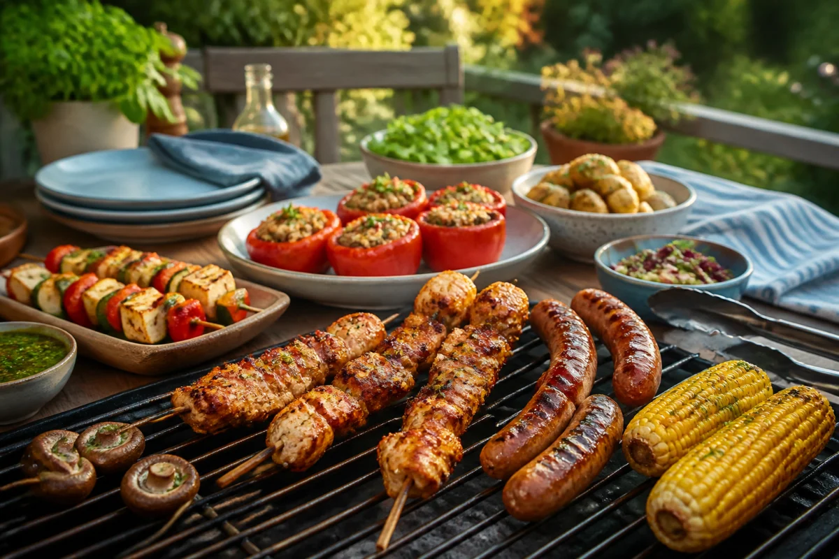 Menu barbecue maison avec brochettes de poulet, saucisses, maïs grillé et alternatives végétariennes sur terrasse estivale