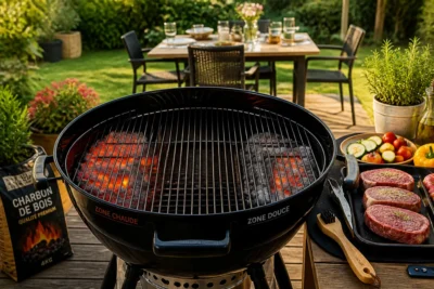 Barbecue au charbon à deux zones de chaleur, grille prête, viandes et légumes préparés pour un menu barbecue maison convivial