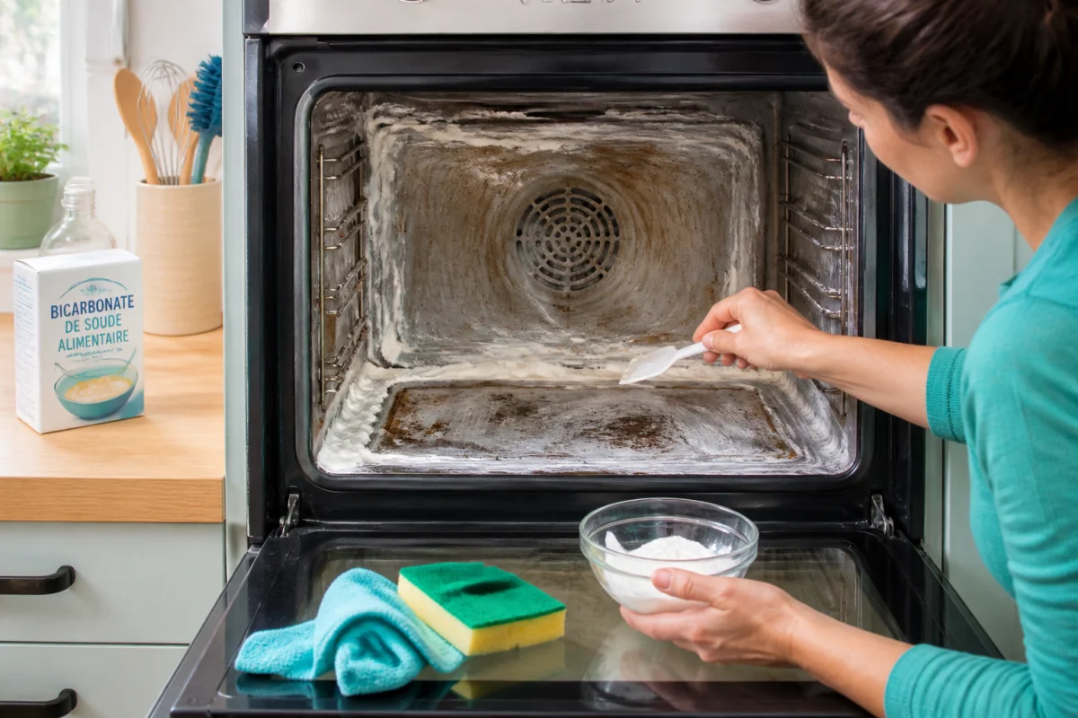 Nettoyage d’un four encrassé au bicarbonate de soude avec éponge humide et spatule en plastique
