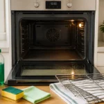 Nettoyer un four encrassé avec vitre, sole et grilles visibles, éponges et produits non abrasifs dans une cuisine lumineuse