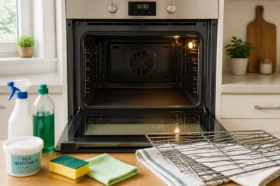 Nettoyer un four encrassé avec vitre, sole et grilles visibles, éponges et produits non abrasifs dans une cuisine lumineuse