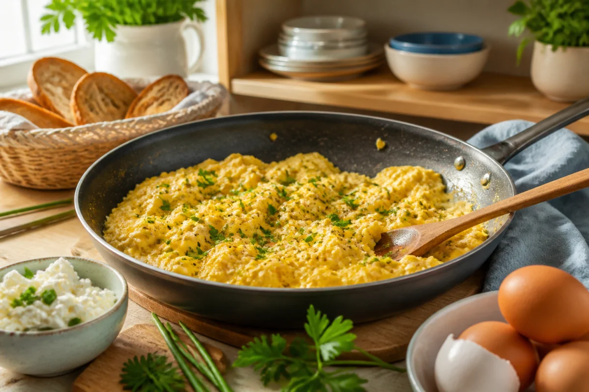 Œufs brouillés crémeux aux herbes fraîches dans une poêle, accompagnés de fromage frais pour un brunch maison réussi