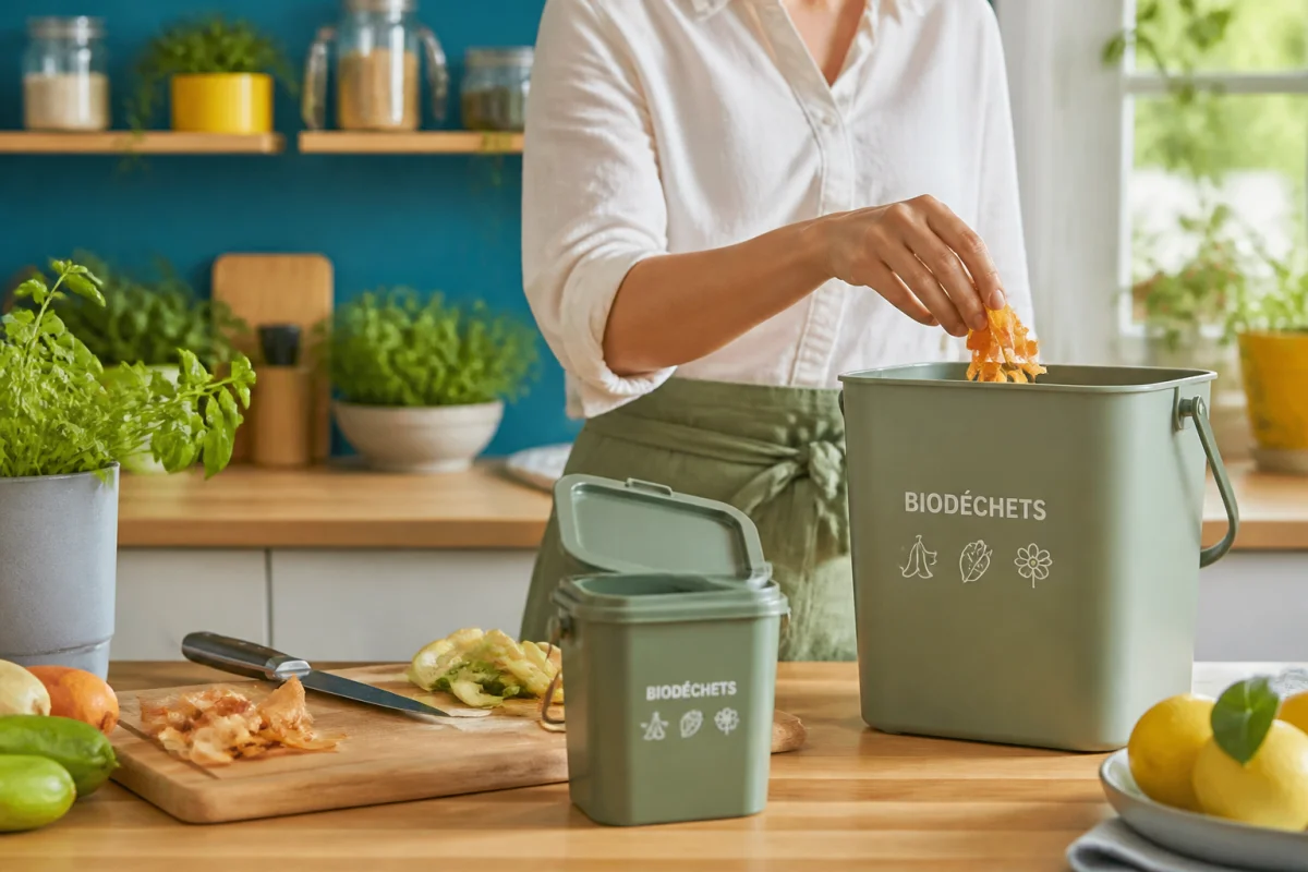 Organiser le tri des biodéchets en cuisine avec petit récipient et bac principal accessibles