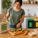 Personne triant les biodéchets en cuisine, avec épluchures dans un récipient dédié et emballage séparé de son contenu