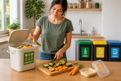 Personne triant les biodéchets en cuisine, avec épluchures dans un récipient dédié et emballage séparé de son contenu