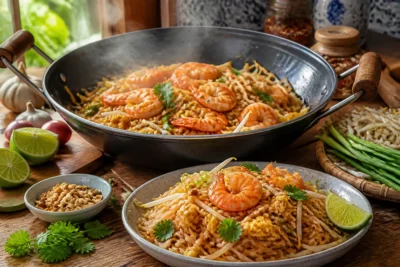 Wok fumant de pad thaï aux crevettes, nouilles de riz, citron vert, coriandre et cacahuètes concassées maison