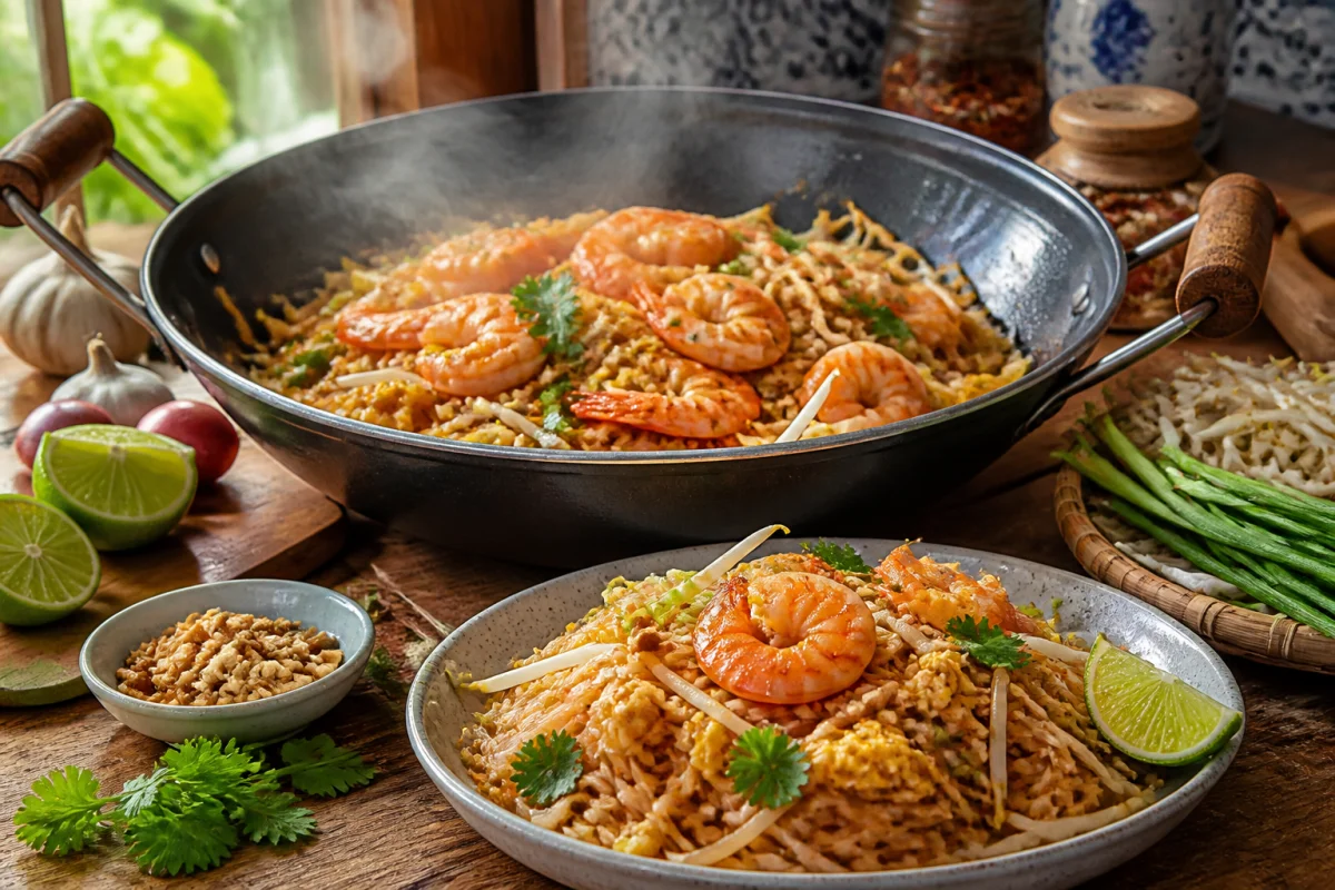 Wok fumant de pad thaï aux crevettes, nouilles de riz, citron vert, coriandre et cacahuètes concassées maison