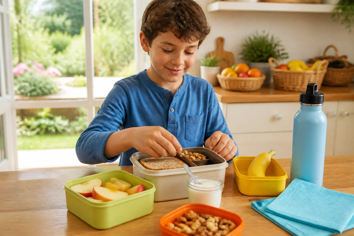 Enfant préparant un goûter équilibré avec fruits frais, pain complet, yaourt nature et noix dans une cuisine lumineuse