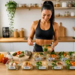 Personne sportive préparant ses repas avant l’entraînement, avec portions équilibrées réparties dans des contenants réutilisables