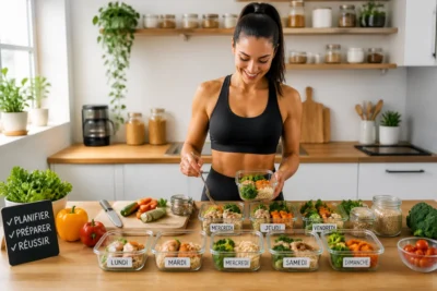 Personne sportive préparant ses repas avant l’entraînement, avec portions équilibrées réparties dans des contenants réutilisables