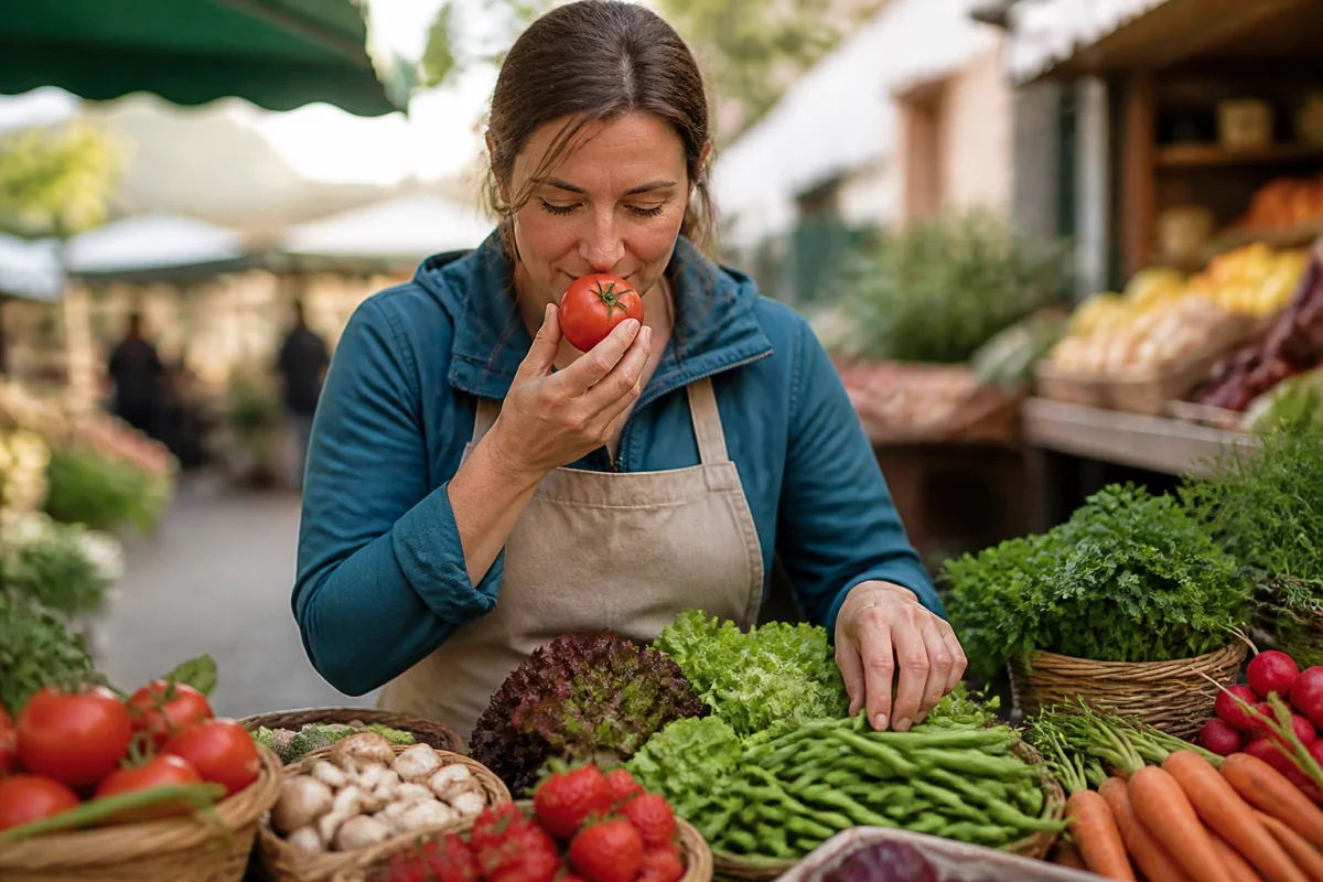 Comment choisir des produits frais et locaux : personne vérifiant tomate, salade et haricot vert sur un marché.