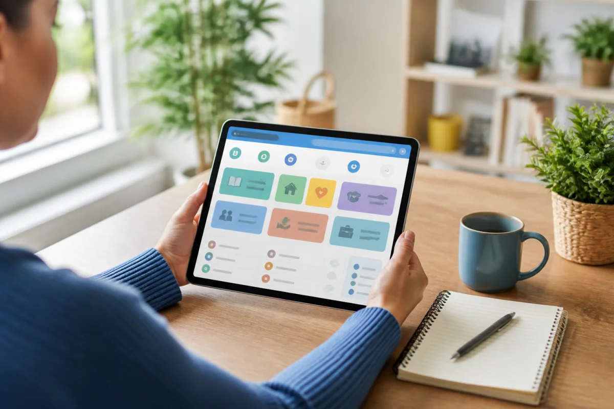 Personne consultant Qbar sur une tablette, explorant des ressources et services utiles au quotidien dans un intérieur lumineux.