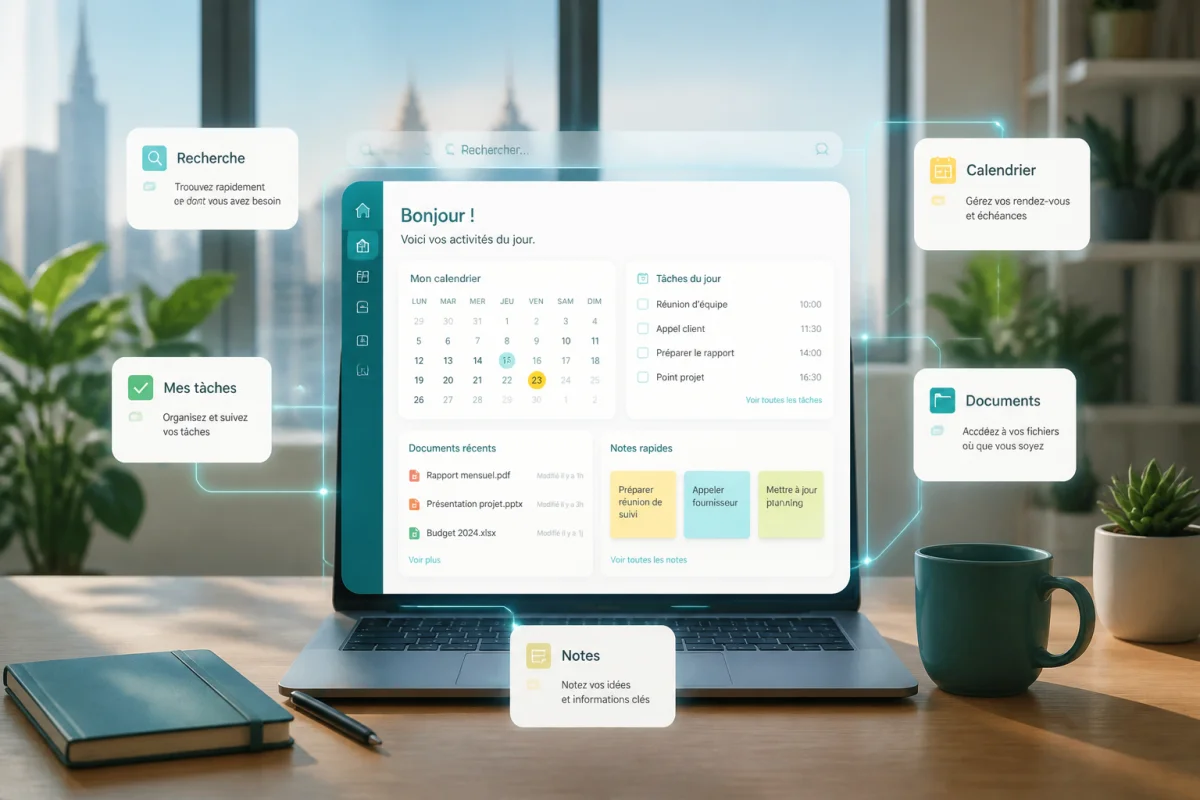 Interface lumineuse Qbar organisant des informations quotidiennes sur un bureau moderne, avec calendrier et icônes numériques abstraites