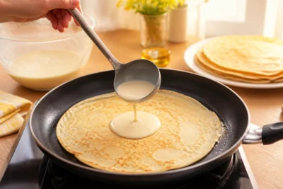 Recette de pâte à crêpes facile : crêpe légère cuisant dans une poêle avec pâte versée à la louche