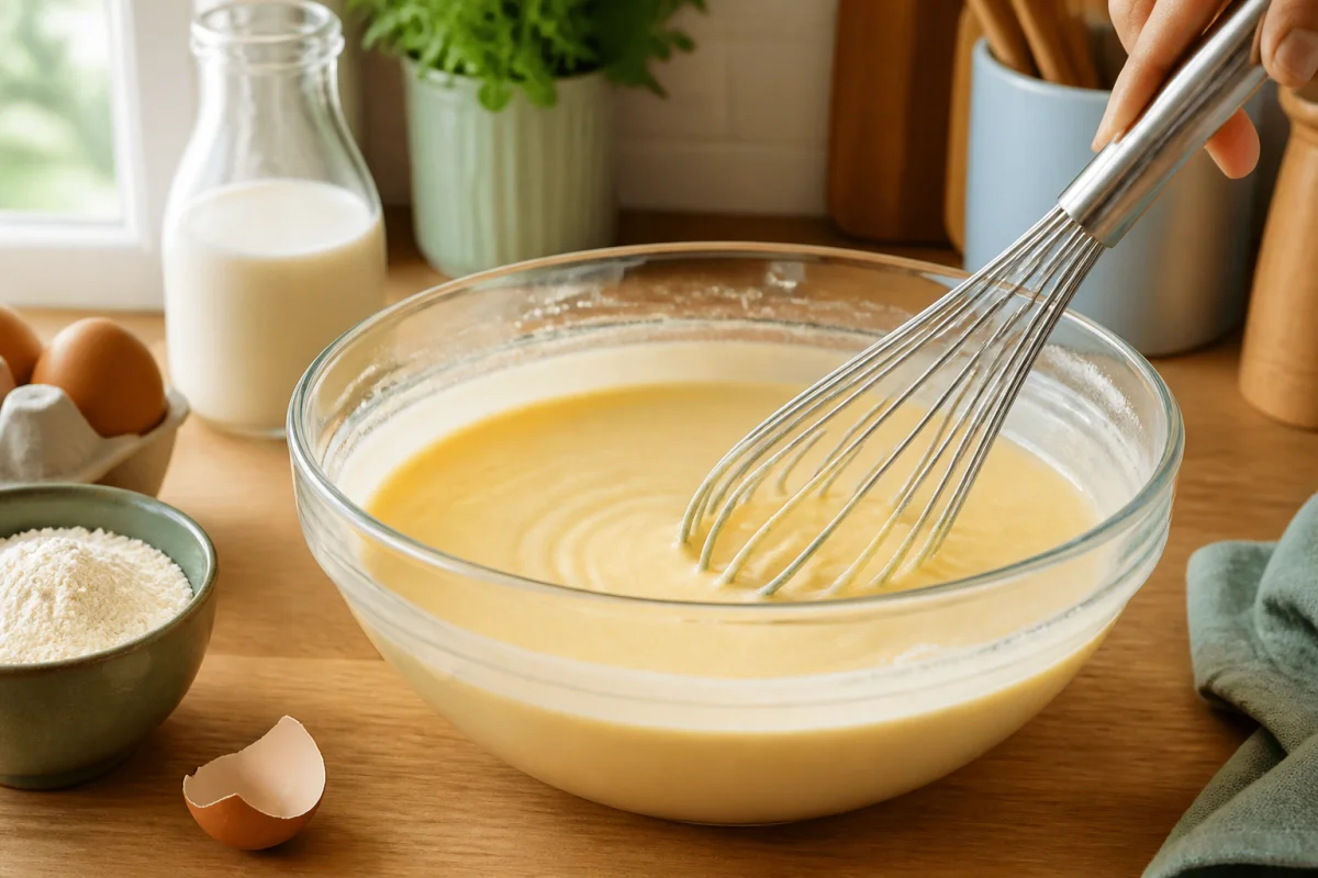 Recette de pâte à crêpes facile dans un saladier, fouet manuel mélangeant une pâte homogène et légère en cuisine lumineuse