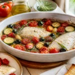 Recette de cuisine méditerranéenne : poisson blanc au four, tomates, courgettes et olives noires aux herbes fraîches