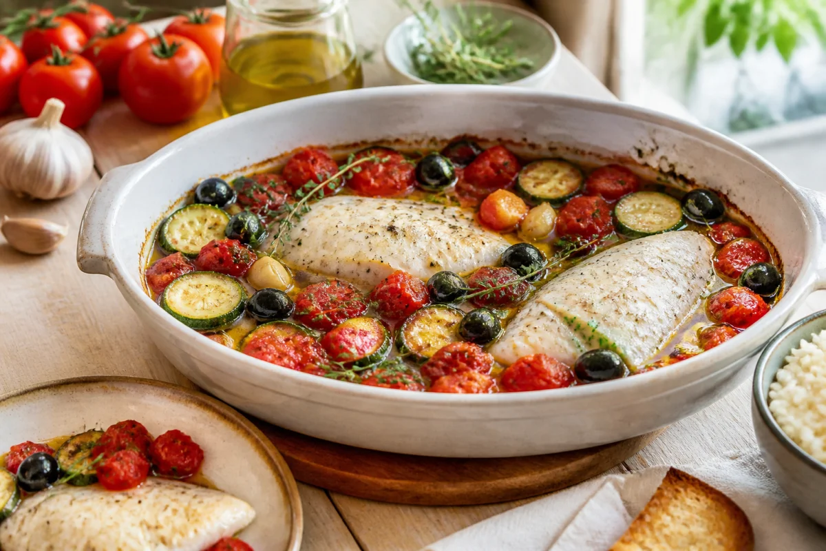 Recette de cuisine méditerranéenne : poisson blanc au four, tomates, courgettes et olives noires aux herbes fraîches