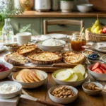Table de brunch maison avec pain grillé, fromage frais, fruits, miel et noix à composer soi-même