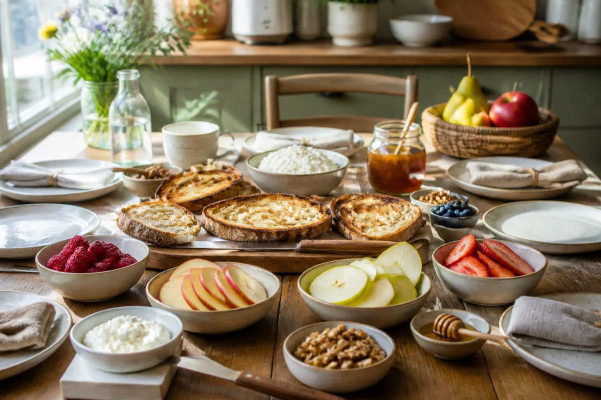 Table de brunch maison avec pain grillé, fromage frais, fruits, miel et noix à composer soi-même