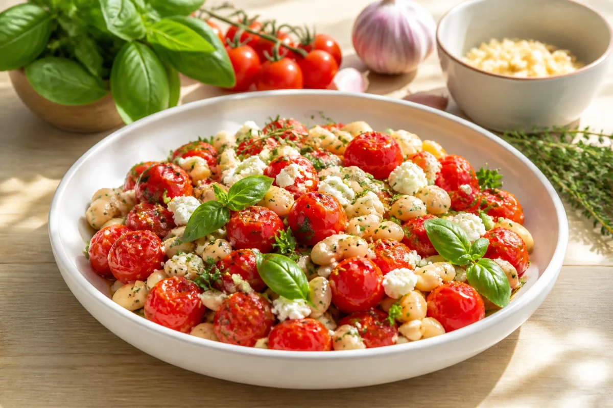 Recette de cuisine de saison estivale avec tomates rôties, haricots blancs, herbes fraîches et feta émiettée