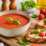 Gaspacho de tomates frais avec tartines croustillantes à la ricotta et basilic, recette fraîche pour l’été
