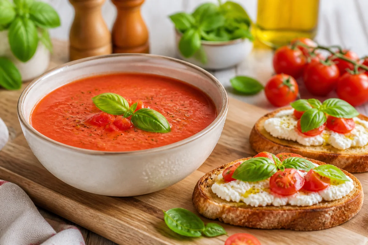 Gaspacho de tomates frais avec tartines croustillantes à la ricotta et basilic, recette fraîche pour l’été