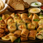 Plateau convivial de recettes halal pour l’apéritif avec brochettes, feuilletés, houmous, bricks et sauces variées