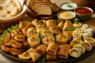 Plateau convivial de recettes halal pour l’apéritif avec brochettes, feuilletés, houmous, bricks et sauces variées