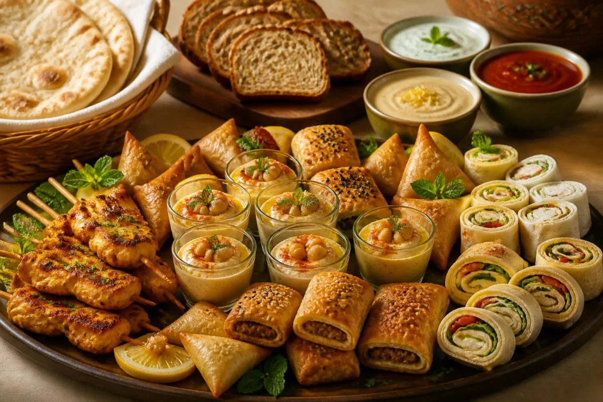 Plateau convivial de recettes halal pour l’apéritif avec brochettes, feuilletés, houmous, bricks et sauces variées
