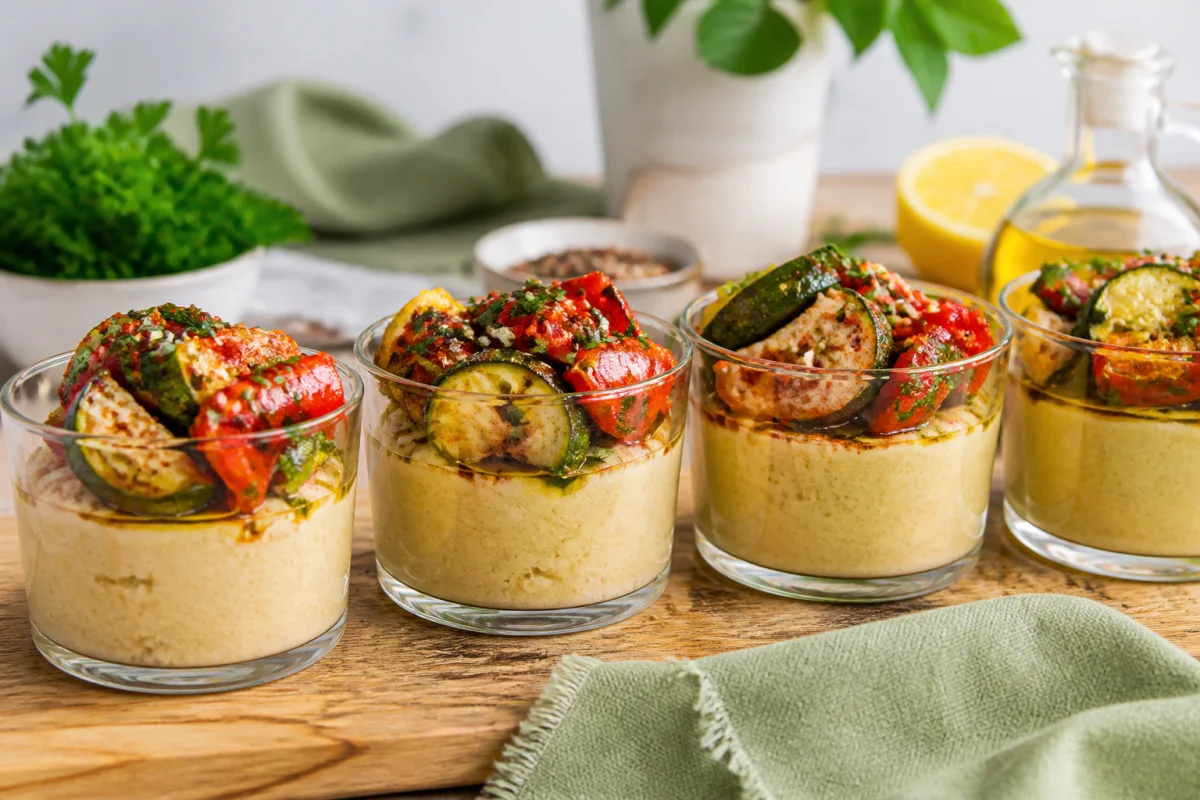 Verrines de houmous crémeux aux poivrons et courgettes rôtis pour un apéritif halal raffiné