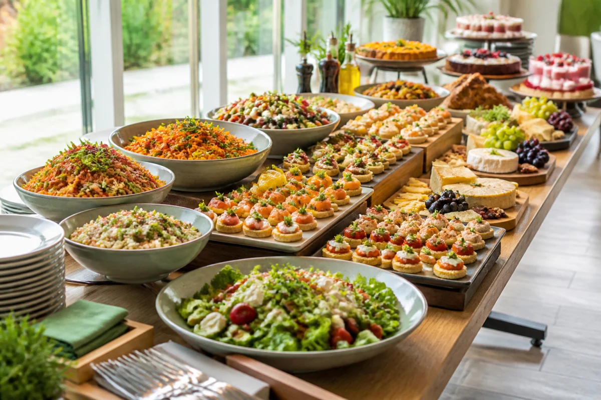 Buffet froid généreux avec salades, bouchées, plats consistants, fromages et desserts soigneusement présentés sur une grande table conviviale.