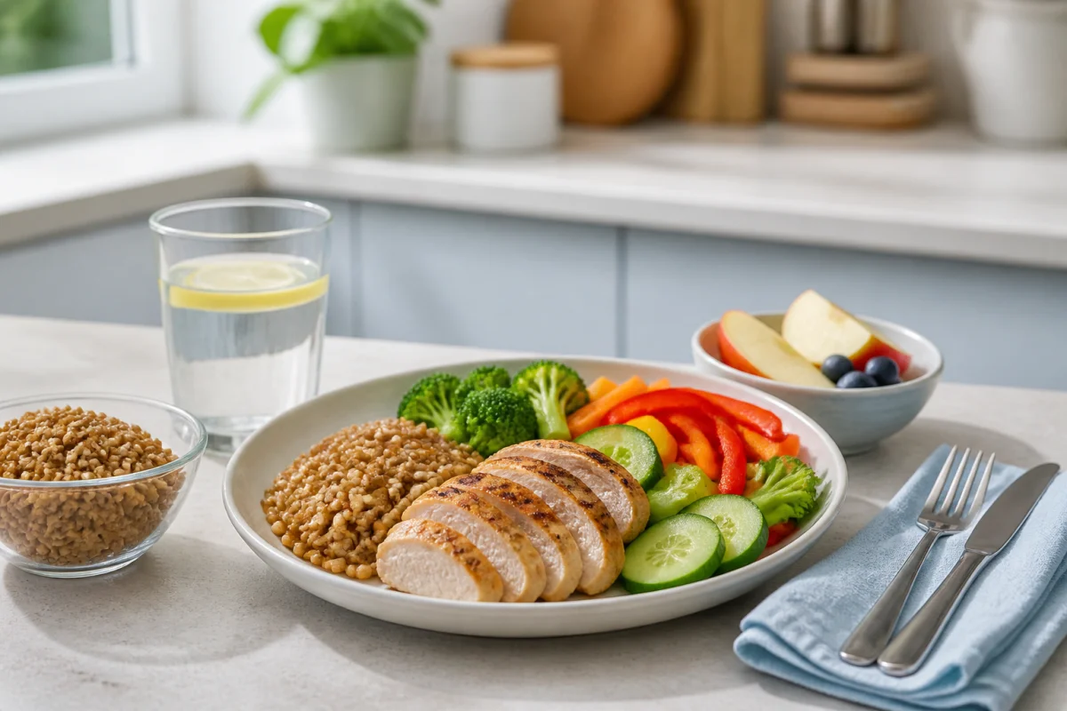 Assiette équilibrée préparée avant l’entraînement, avec céréales complètes, protéines maigres, légumes colorés et fruit frais