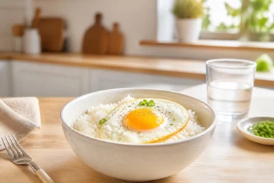 Idée de repas avant karting : bol de riz blanc et œuf, accompagné d’herbes fraîches et d’eau.