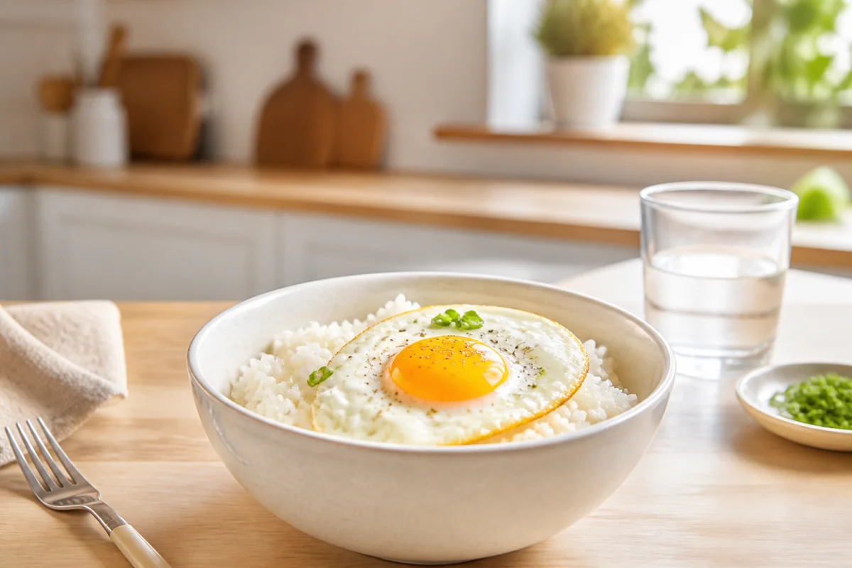 Idée de repas avant karting : bol de riz blanc et œuf, accompagné d’herbes fraîches et d’eau.