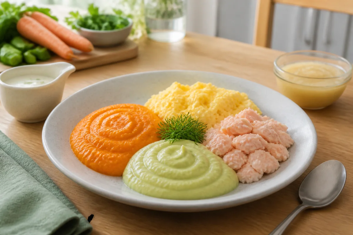 Idées de repas faciles pour seniors : assiette équilibrée avec purée lisse, œuf brouillé, poisson tendre et compote.