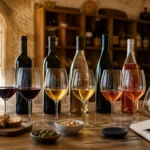 Dégustation de vins Rieu Coulon dans un caveau chaleureux aux murs en pierre, entre verres colorés et bouteilles artisanales